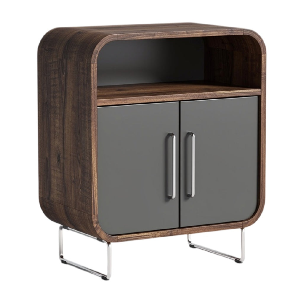 **Moderne nachtkast met houten afwerking en metalen poten**