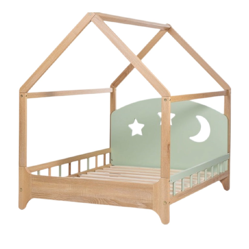 **Technische Titel in het Nederlands: Houten peuterbed met huisvorm en sterren- en maanontwerp**